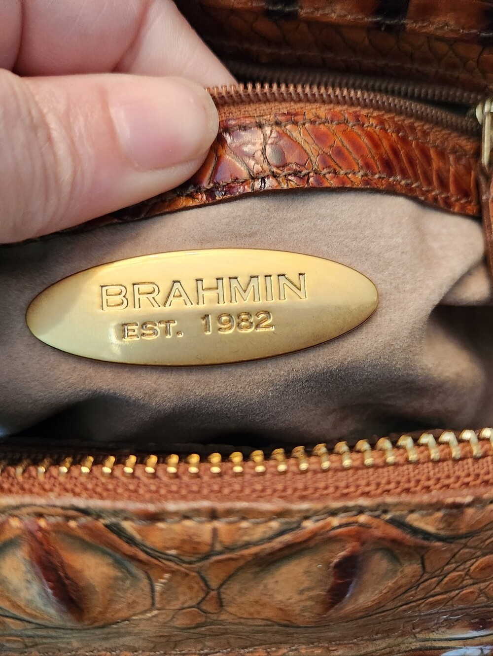 Brahmin Stacy satchel crafted from toasted Melbourne croc-embossed leather 12x8 - Picture 9 of 15